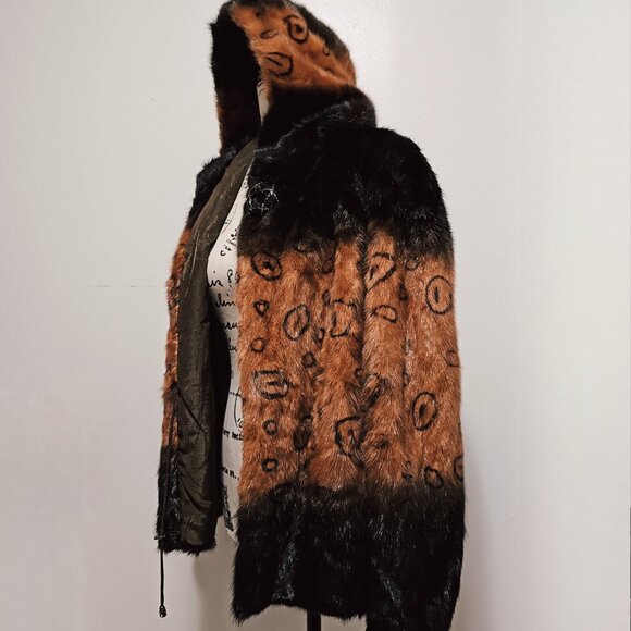 New Real Mink Fur Coat Jacket Blazer Copper Brown Hooded Animal Printed Circle - Picture 4 of 7